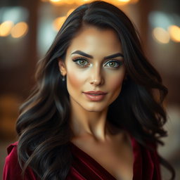A stunning portrait of an elegant woman with captivating features, showcasing her vibrant, open eyes that sparkle with emotion