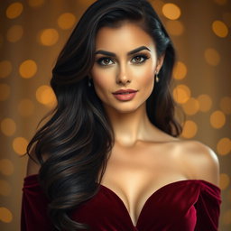 A stunning portrait of an elegant woman with captivating features, showcasing her vibrant, open eyes that sparkle with emotion