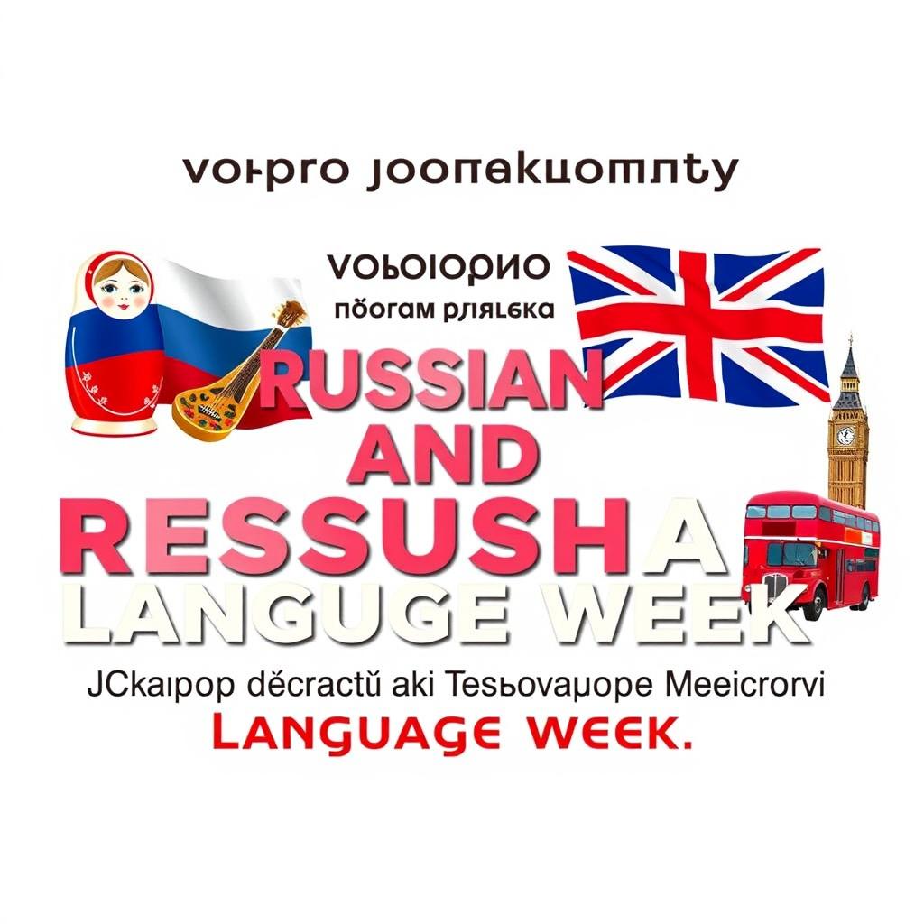 A vibrant and engaging banner for the Russian and English Language Week, featuring the text in large, welcoming Russian letters: 'Добро пожаловать на декаду русского и английского языков "Язык управляет миром"'
