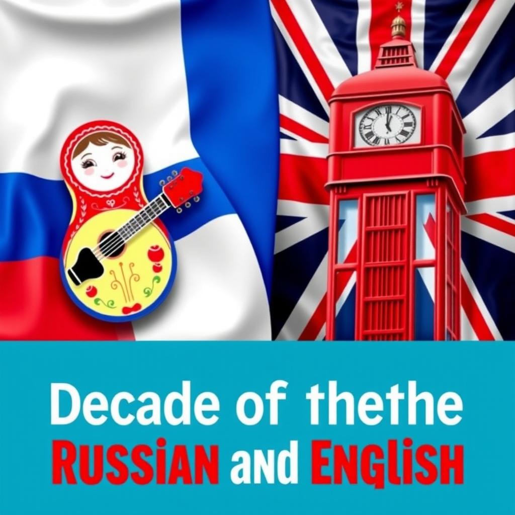 A vibrant banner for the Decade of the Russian and English Languages, featuring the Russian flag (white, blue, and red tricolor) on the left adorned with an image of a traditional Russian matryoshka doll or balalaika