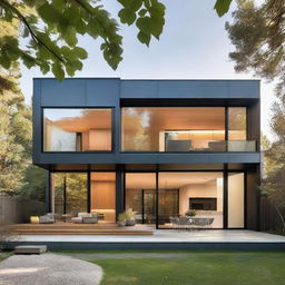 A modern exterior design of a house with clean lines, large windows, and a mix of materials such as glass, steel, and concrete.