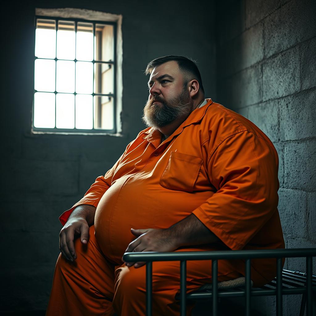 A powerful and evocative portrait of a plump prisoner sitting in a stark prison cell, wearing an orange jumpsuit