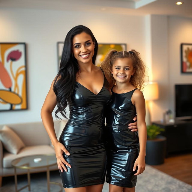 A stylish mother and her daughter in a chic room, both wearing tight-fitting latex mini dresses