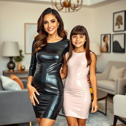 A stylish mother and her preteen daughter, both wearing tight-fitting latex mini dresses, stand together in a modern, elegantly decorated room