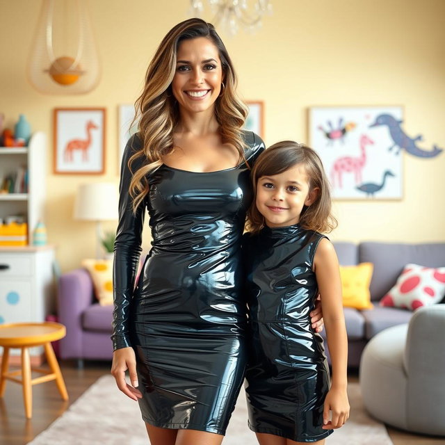 A stylish mother and her six-year-old daughter, both wearing shiny, tight-fitting latex mini dresses