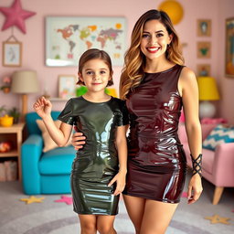 A stylish mother and her six-year-old daughter, both wearing shiny, tight-fitting latex mini dresses