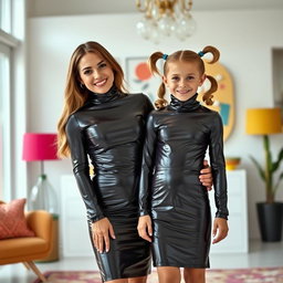A fashionable mother and her six-year-old daughter with pigtails, both dressed in tight shiny latex mini dresses that feature turtle necks and long sleeves
