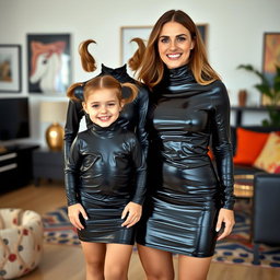 A fashionable mother and her six-year-old daughter with pigtails, both wearing tight shiny latex mini dresses featuring turtle necks and long sleeves