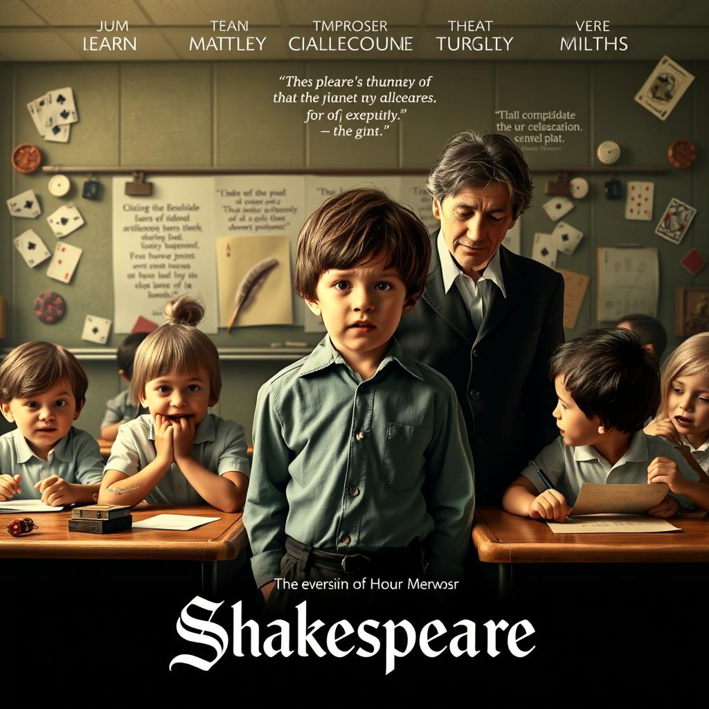 An imaginative film poster that creatively captures the essence of hyperactivity through an energetic classroom scene, where students are animatedly interacting, featuring one central child struggling with speech problems, visibly frustrated