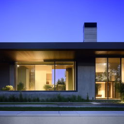 Modern exterior home design featuring clean lines, expansive glass windows, and a blend of materials like concrete, steel, and wood. The exterior should look minimalist yet stunning.