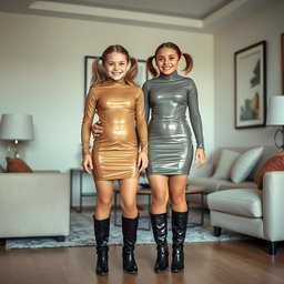 A stylish mother and her six-year-old daughter with pigtails, both dressed in tight shiny latex mini dresses with turtle necks and long sleeves