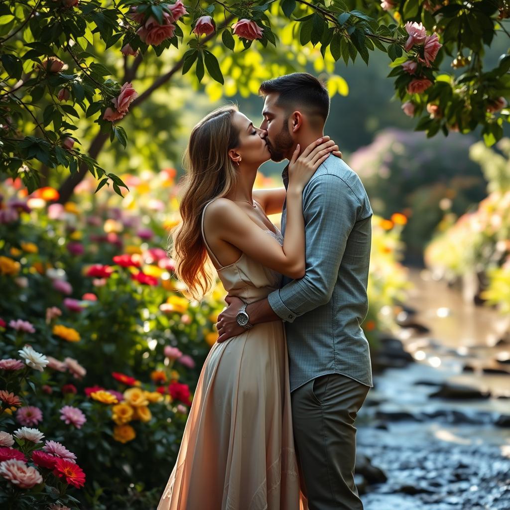 A romantic scene of two adults kissing each other passionately in a lush garden filled with colorful blooming flowers