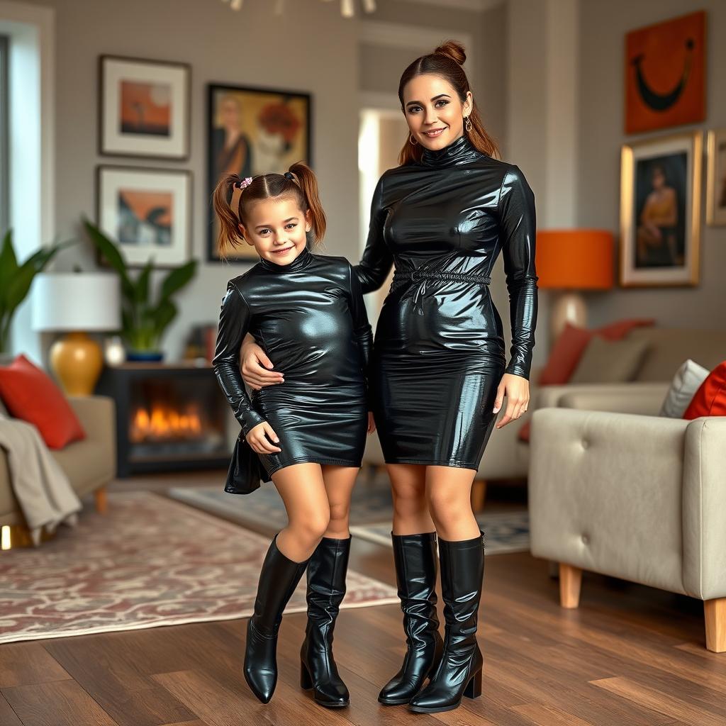 A chic mother and her six-year-old daughter with pigtails, both dressed in tight shiny latex mini dresses with turtle necks and long sleeves