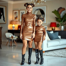 A fashionable mother and her six-year-old daughter with playful pigtails, both wearing tight shiny latex mini dresses that feature turtle necks and long sleeves