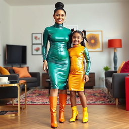 A fashionable mother and her six-year-old daughter with playful pigtails, both wearing vibrant, tight shiny latex mini dresses that feature turtle necks and long sleeves