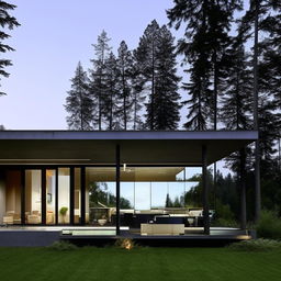 Modern exterior home design featuring clean lines, expansive glass windows, and a blend of materials like concrete, steel, and wood. The exterior should look minimalist yet stunning.