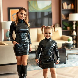 A fashionable mother and her preschool-age daughter with cute pigtails, both wearing tight shiny black latex mini dresses that have turtle necks and long sleeves
