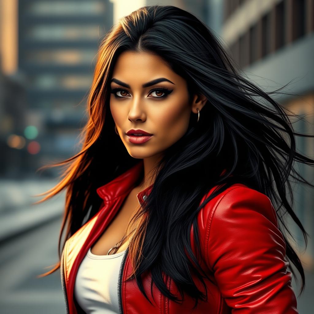A realistic portrait of a strong, confident woman with striking features and long, flowing black hair
