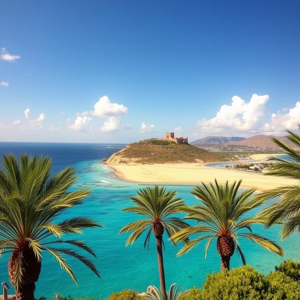 A stunning panoramic view of the northern coastline of Cyprus, showcasing the crystal-clear turquoise waters meeting golden sandy beaches