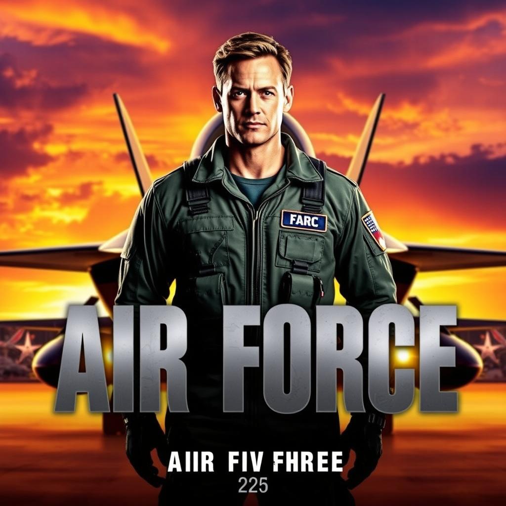 A dramatic movie poster for an Air Force action film, featuring a heroic Air Force pilot in a realistic flight suit, standing confidently in front of a powerful fighter jet on a vibrant runway