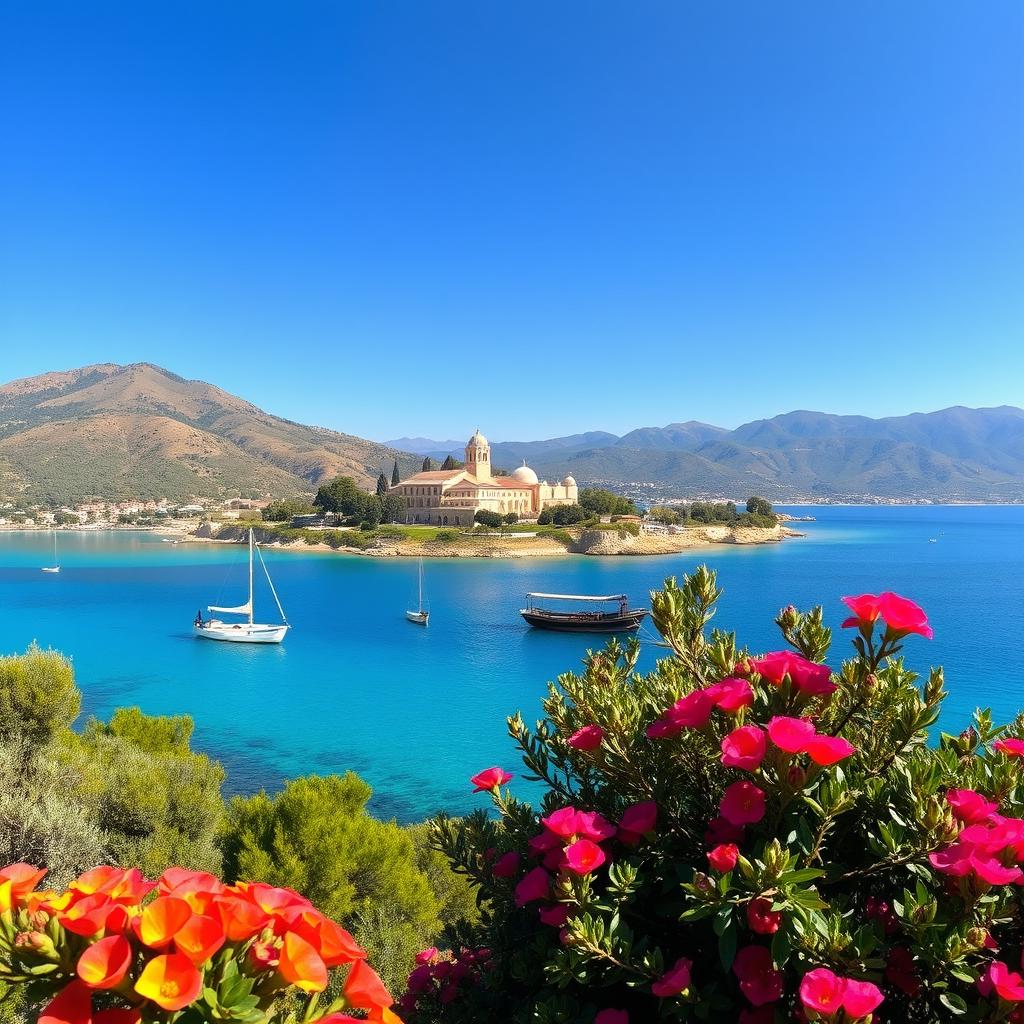 A breathtaking panoramic view of the stunning landscapes of North Cyprus, showcasing the iconic Bellapais Abbey surrounded by lush green hills, with a clear blue sky overhead