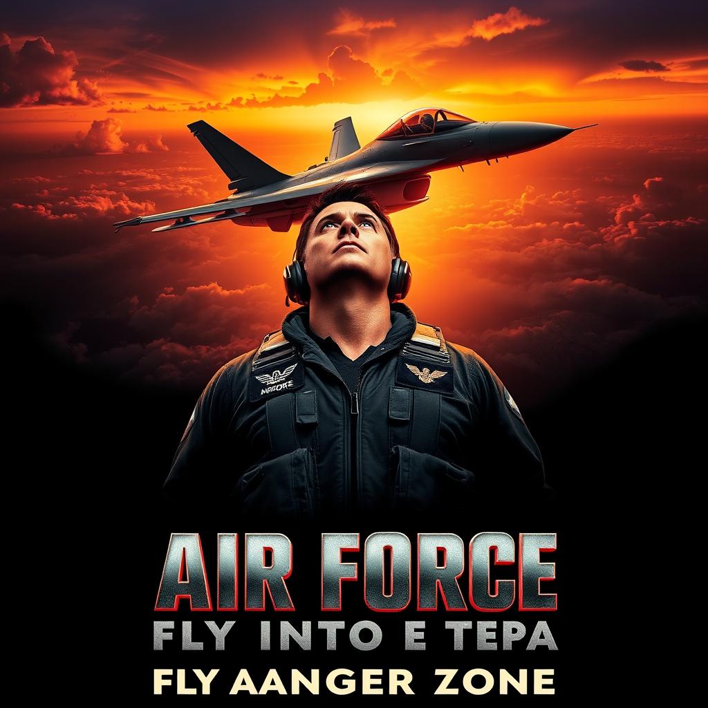 An intense and dramatic movie poster for an Air Force action film, featuring a sleek fighter jet soaring through a vibrant sunset sky, with clouds illuminated in shades of orange and purple
