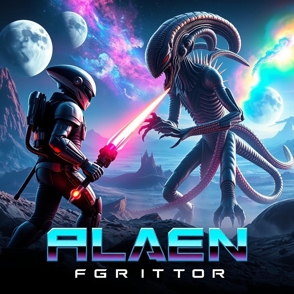 A captivating movie poster for a futuristic sci-fi film featuring an epic battle between two alien species on a distant planet