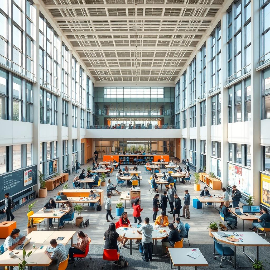 A sprawling interior of a learning center building, featuring enormous rooms filled with natural light, large windows, and high ceilings