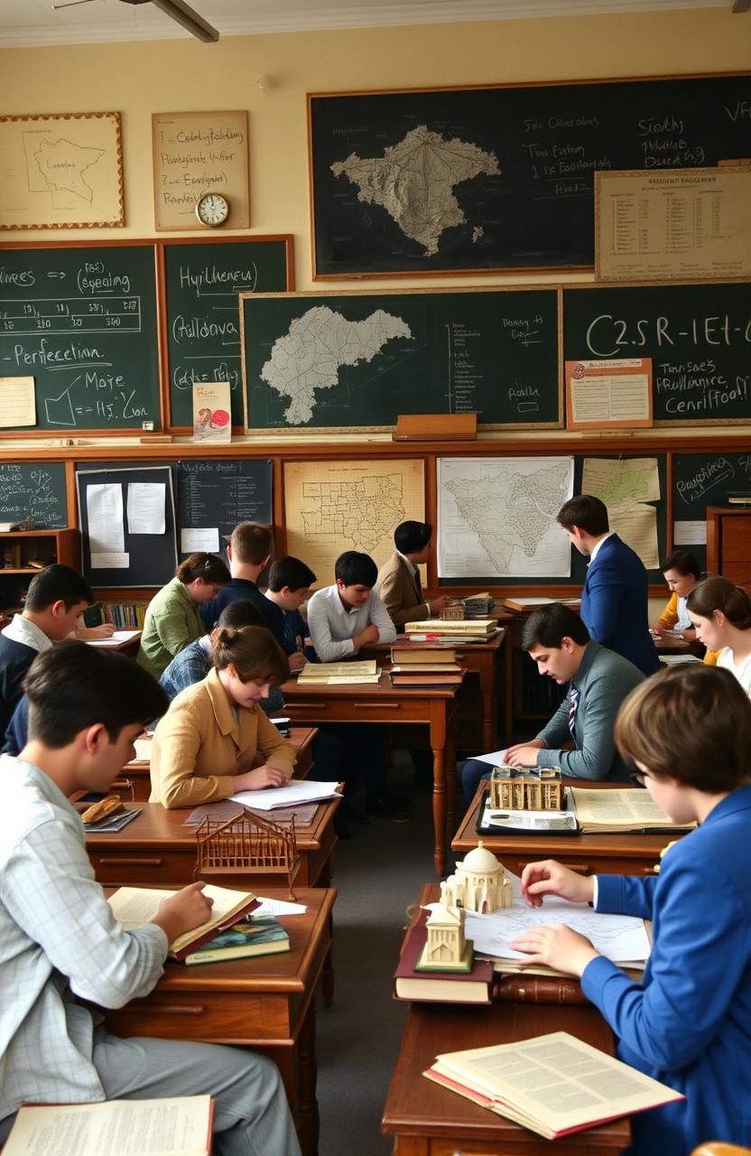 A historical classroom setting depicting higher education in the Moldavian SSR, showcasing engineering and social sciences