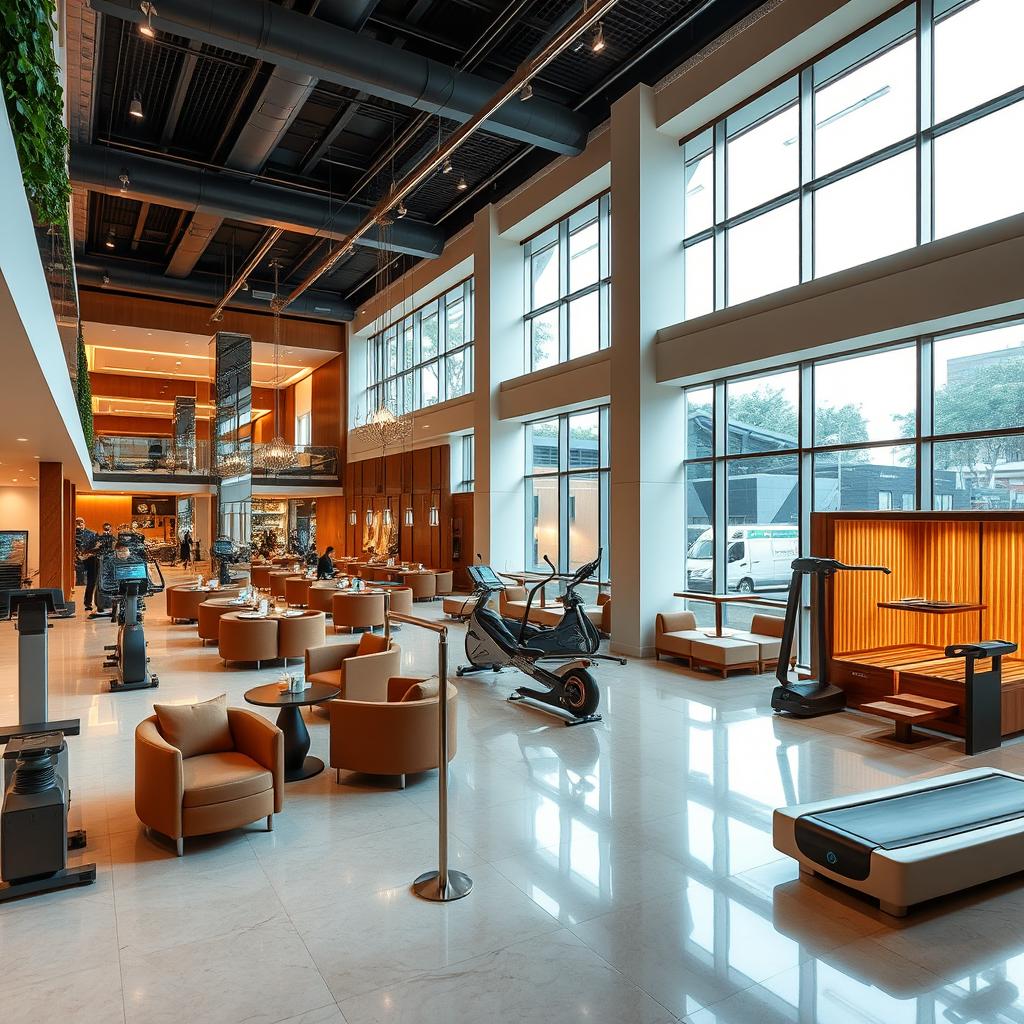 A luxurious department store that features a modern gym, stylish cafeterias with elegant decor, and a serene sauna area