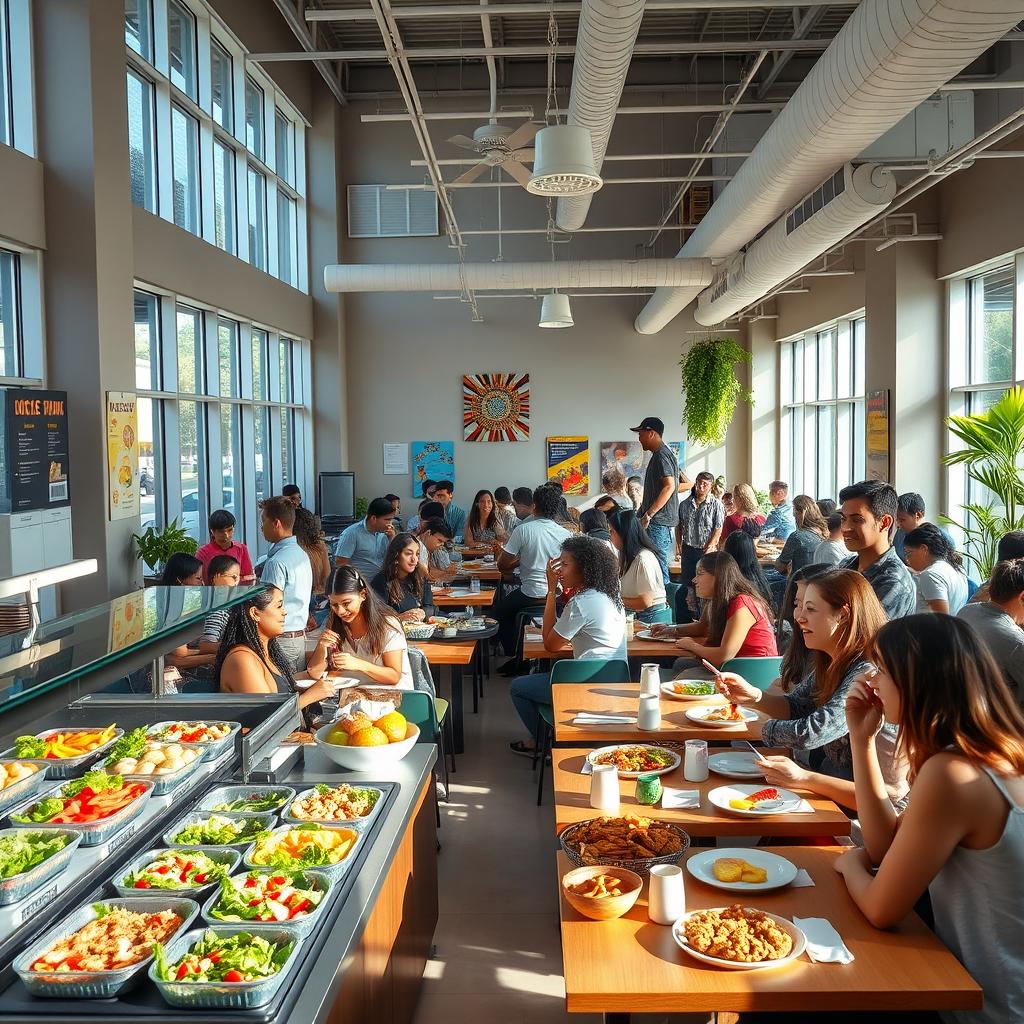 A bright, bustling cafeteria filled with diverse groups of people enjoying their meals together