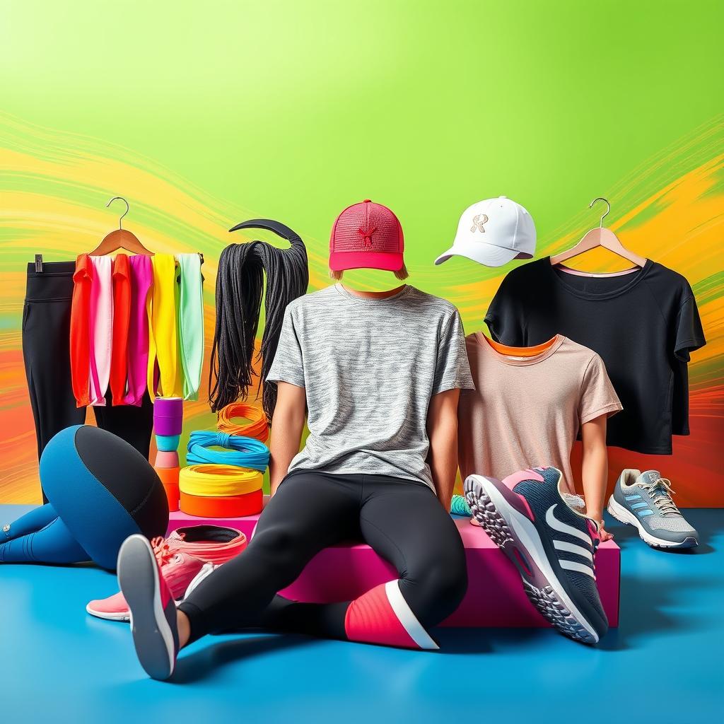 A stylish and trendy sports accessory collection displayed artfully, including colorful headbands, wristbands, and caps