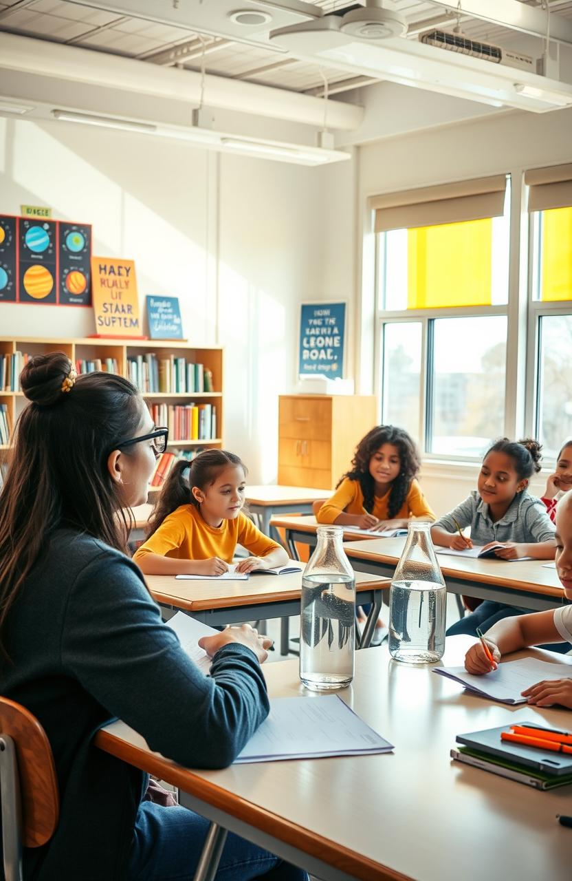 An educational scene in a bright and engaging classroom, with diverse students sitting at desks, focused on their teacher who is a middle-aged woman with glasses, explaining a science experiment
