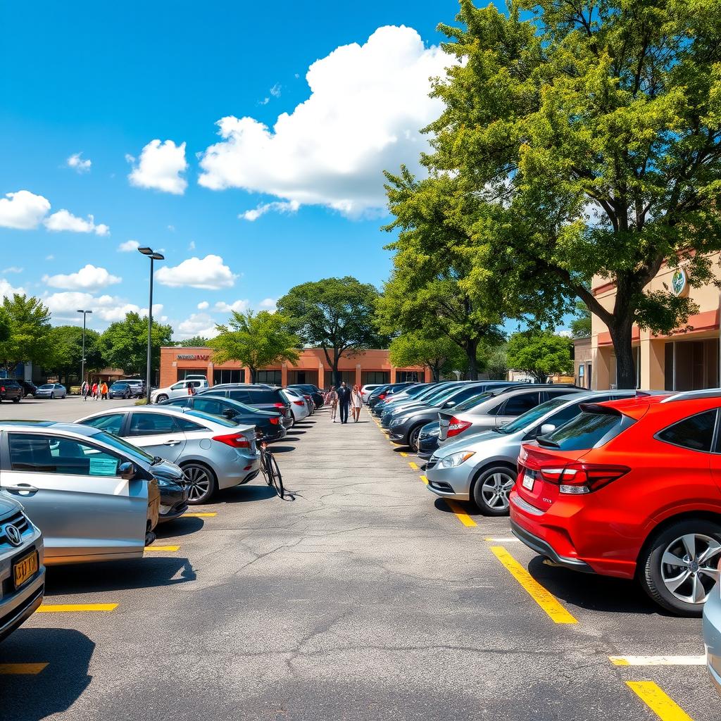 A vibrant and detailed parking lot scene during a sunny day, featuring cars of various makes and models neatly parked