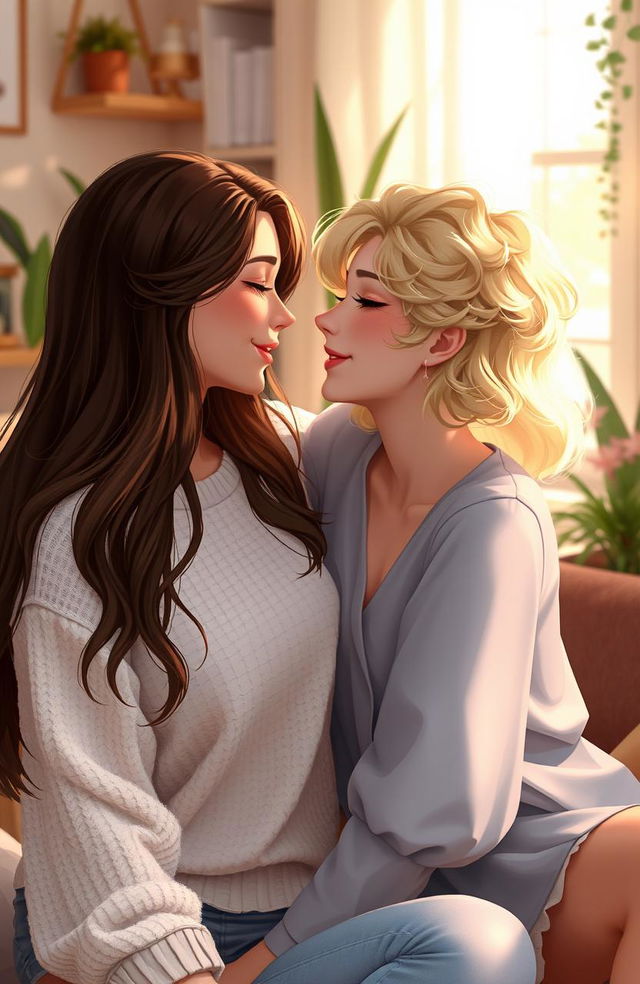 A beautifully composed 2D image depicting two females intimately gazing into each other's eyes with deep affection