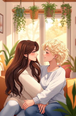 A beautifully composed 2D image depicting two females intimately gazing into each other's eyes with deep affection