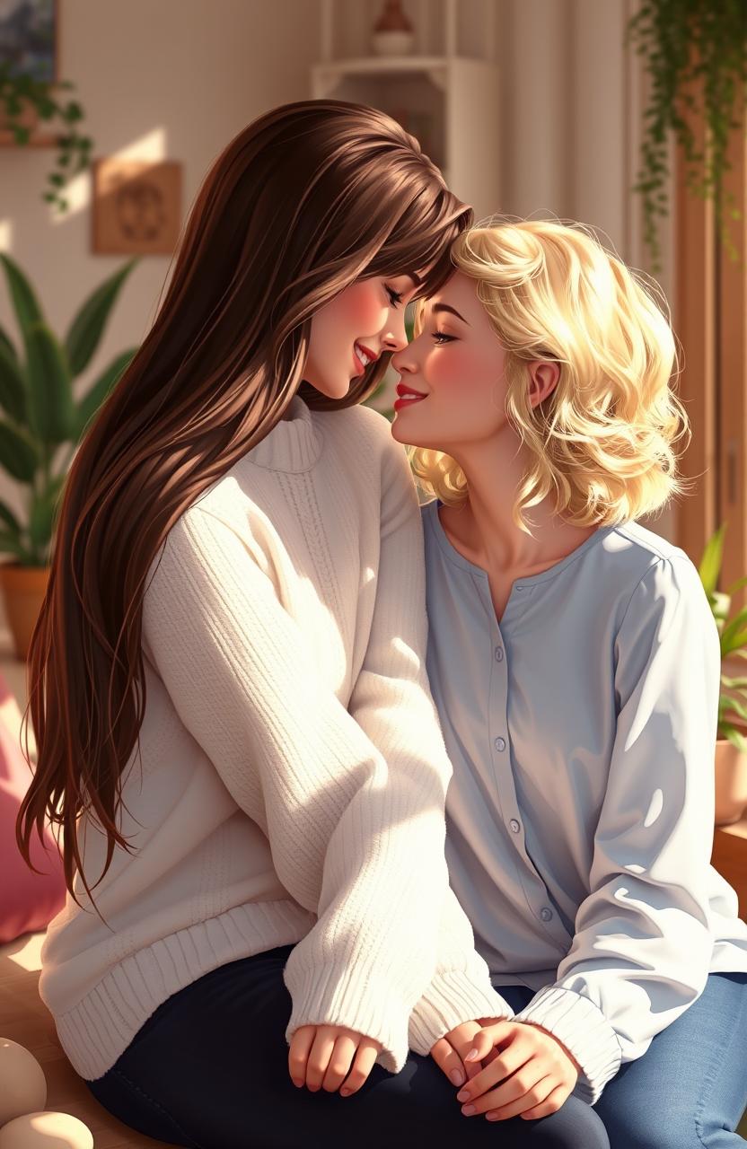 A beautifully composed 2D image depicting two females intimately gazing into each other's eyes with deep affection
