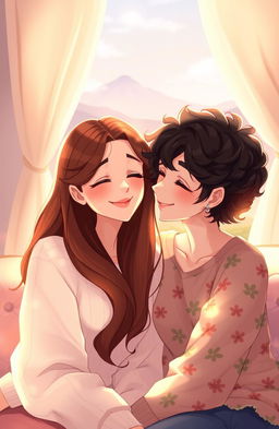 A warm and intimate 2D illustration featuring two women gazing lovingly at each other