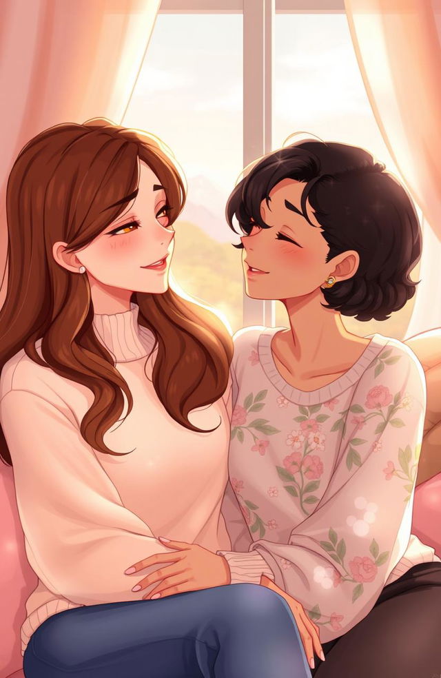 A warm and intimate 2D illustration featuring two women gazing lovingly at each other
