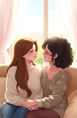 A warm and intimate 2D illustration featuring two women gazing lovingly at each other