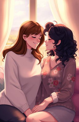 A warm and intimate 2D illustration featuring two women gazing lovingly at each other