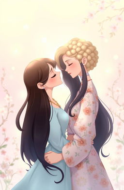 A beautiful 2D illustration of two female figures gazing lovingly into each other's eyes