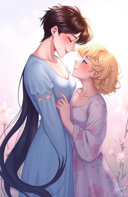 A beautiful 2D illustration of two female figures gazing lovingly into each other's eyes