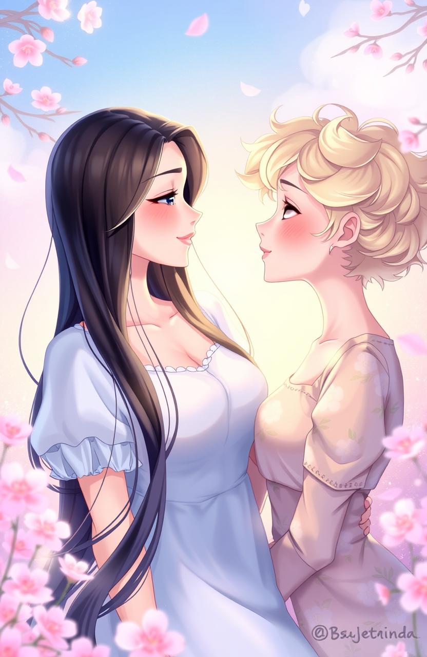 A beautiful 2D illustration of two female figures gazing lovingly into each other's eyes
