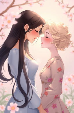 A beautiful 2D illustration of two female figures gazing lovingly into each other's eyes