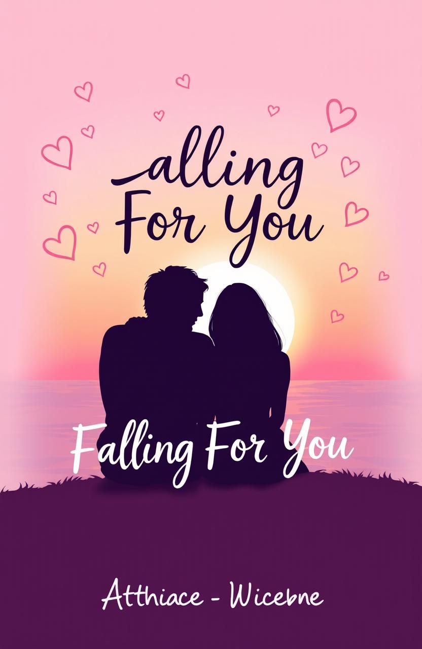 A romantic book cover for a teenage love story featuring two silhouettes of teenagers sitting side by side, gazing at a beautiful sunset over the ocean