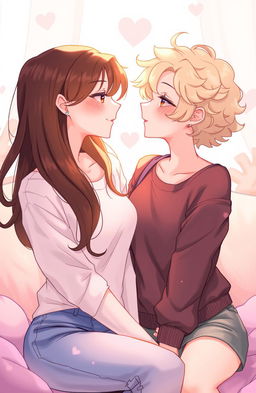 A 2D illustration of two females, one with long flowing brunette hair and the other with short, curly blonde hair, gazing lovingly into each other's eyes