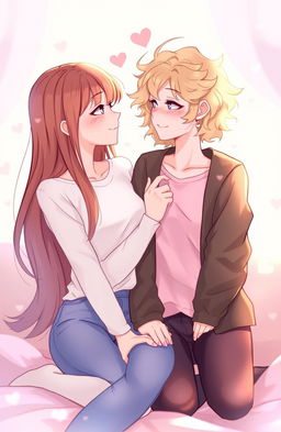 A 2D illustration of two females, one with long flowing brunette hair and the other with short, curly blonde hair, gazing lovingly into each other's eyes