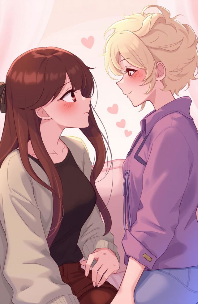A 2D illustration of two females, one with long flowing brunette hair and the other with short, curly blonde hair, gazing lovingly into each other's eyes