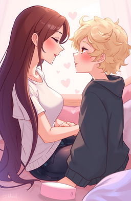 A 2D illustration of two females, one with long flowing brunette hair and the other with short, curly blonde hair, gazing lovingly into each other's eyes